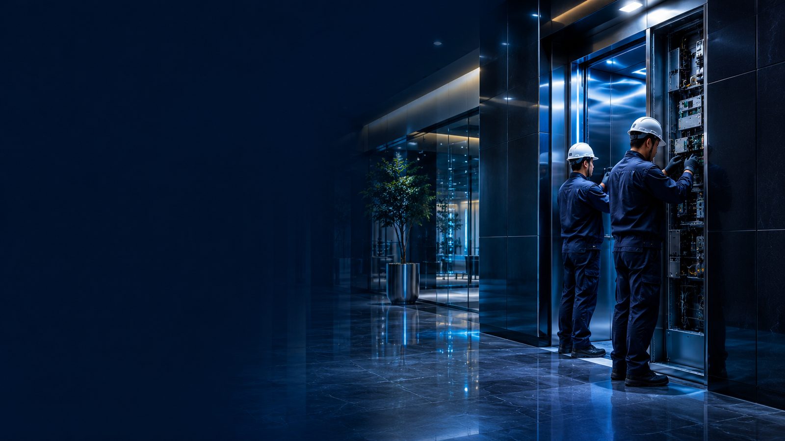 Teknisi elevator memeriksa panel kontrol di lobi lift